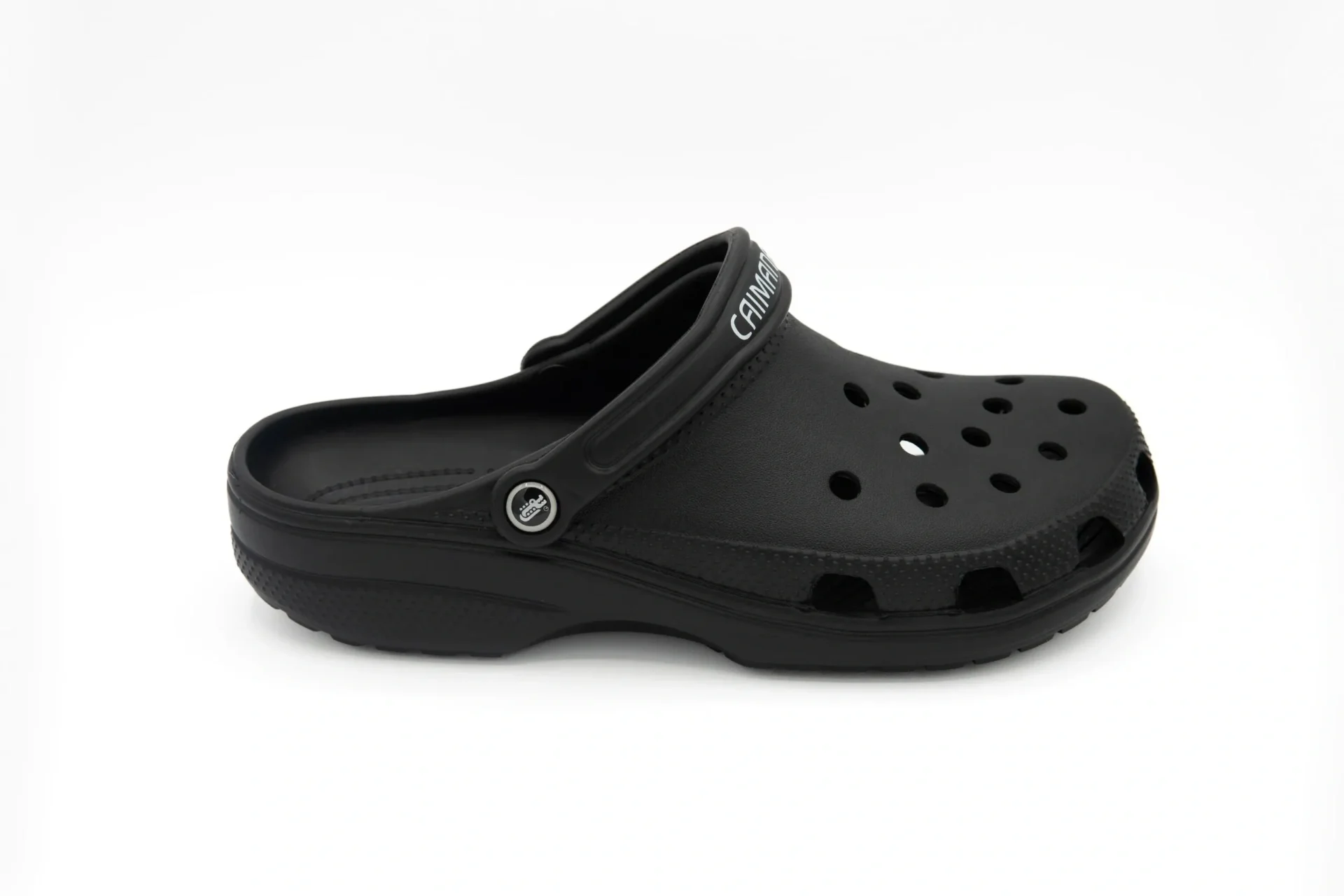 A black crocs shoe is shown here.