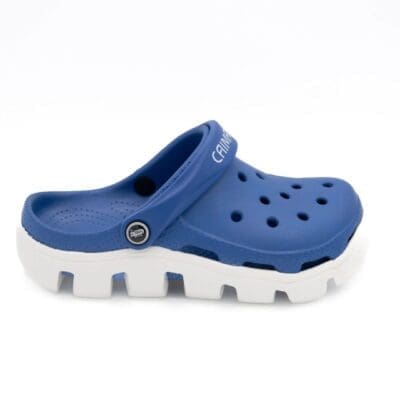 A pair of blue and white crocs on a white background