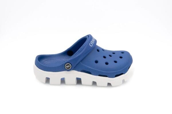 A pair of blue and white crocs on a white background