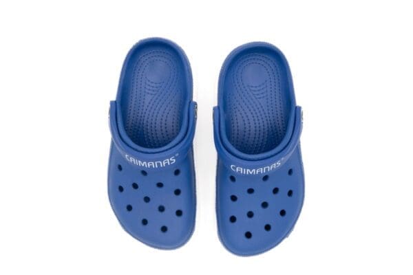 A pair of blue crocs with the word crocketts on them.