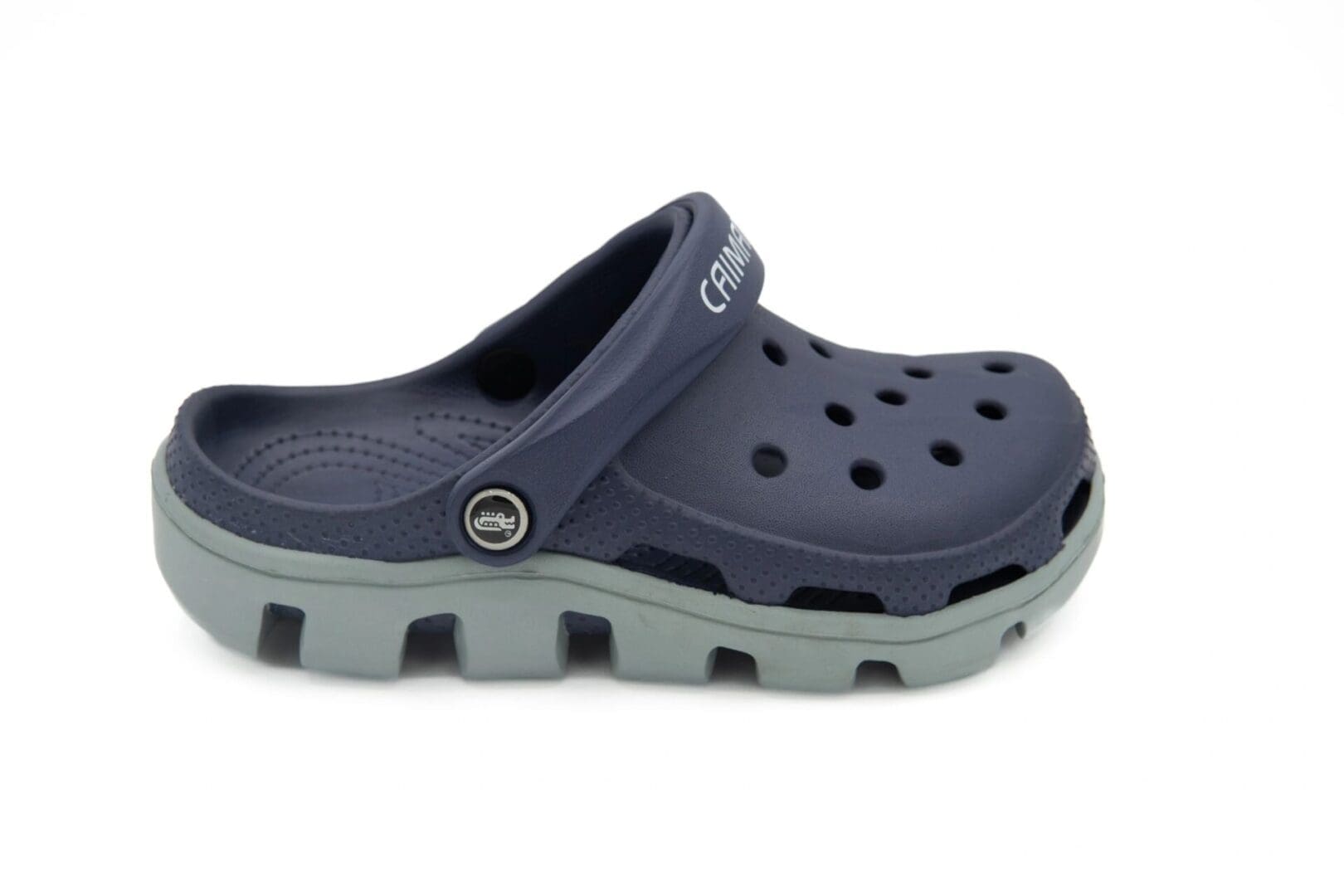 A pair of blue and grey crocs with a white logo.