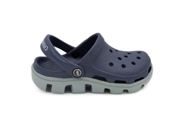 A pair of blue and grey crocs with a white logo.