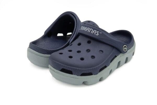 A pair of blue and grey crocs with the word " saurus " written on them.