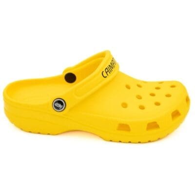 A yellow crocs shoe with black lettering on it.