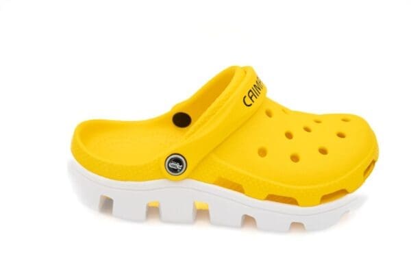 A close up of the bottom part of a pair of yellow crocs