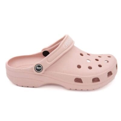 A pair of pink crocs with a button on the side.