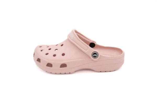 A pair of pink crocs with one button on the side.