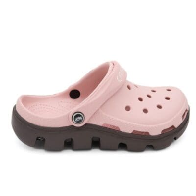 A pair of pink and brown crocs on a white background