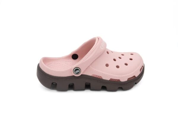 A pair of pink and brown crocs on a white background