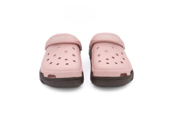 A pair of pink and brown sandals on a white background